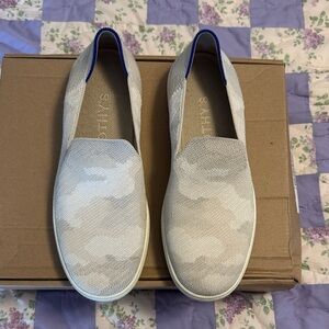 Rothy's Women's Slip-On Flats in Light Gray/Cream with Blue Trim